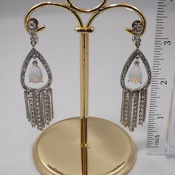 Vintage Monet Faux Opal Dangle Earrings Clear Rhinestones on Silver Tone - Picture 8 of 9